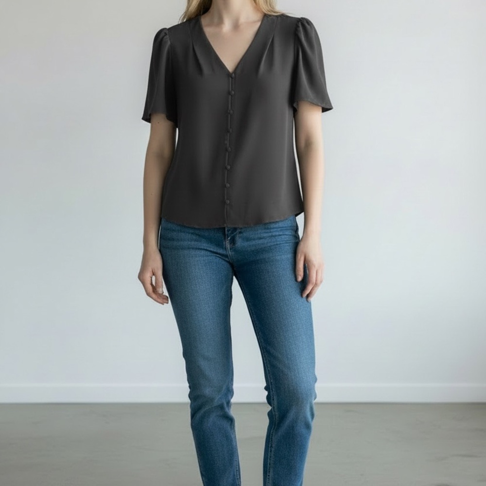 Calvin Klein Black V-Neck Button-Front Short Sleeve Blouse